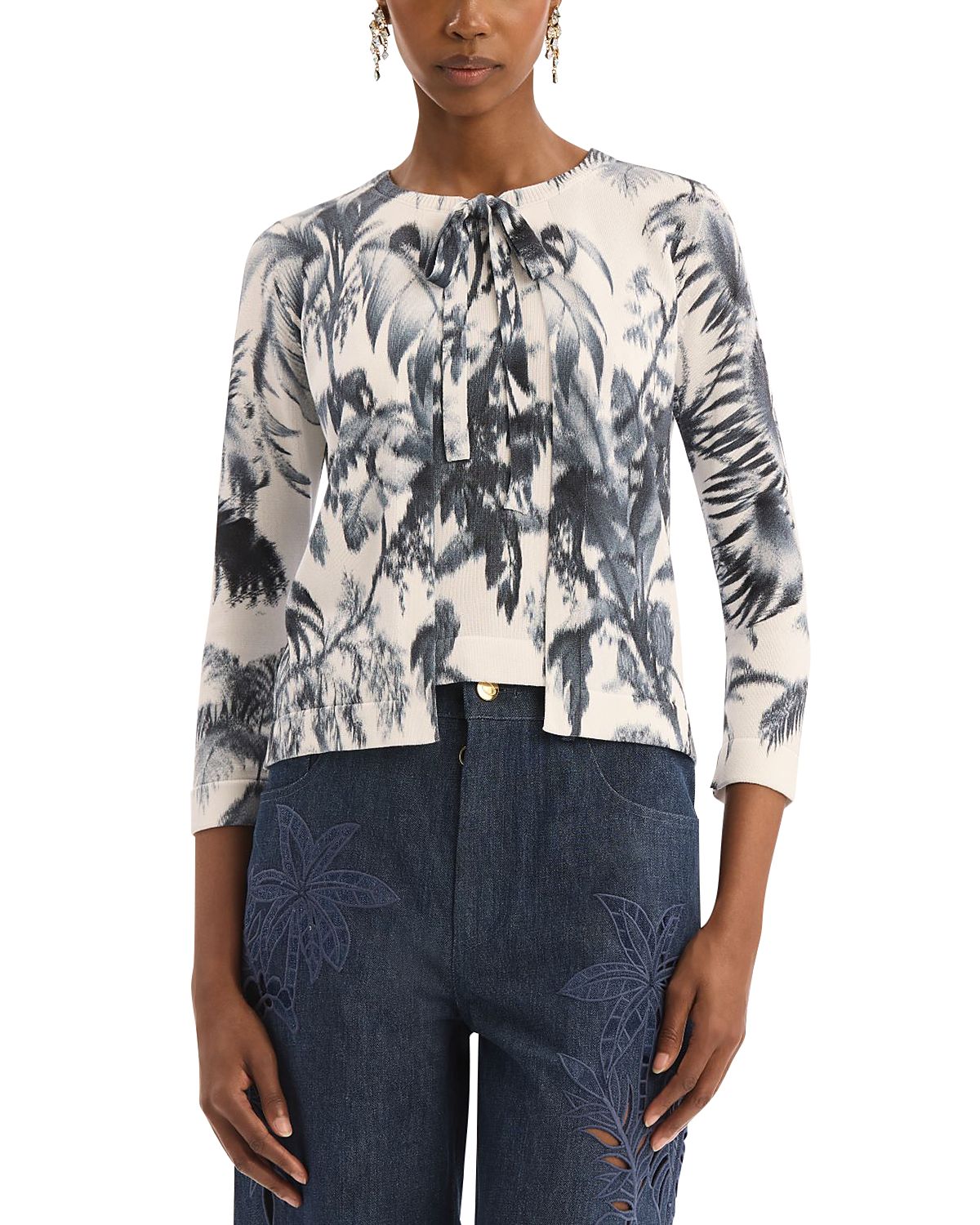Oscar de la Renta Dotted Palm Print Cardigan Sweater