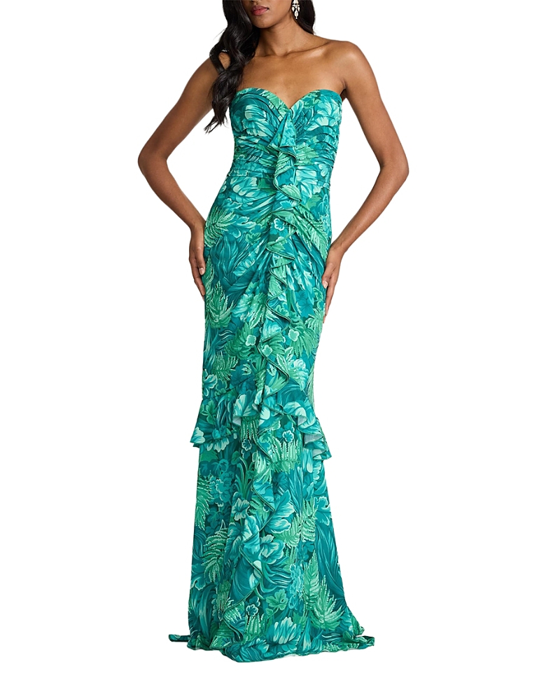 Tadashi Shoji Cleta Foliage Print Cascading Ruffle Gown