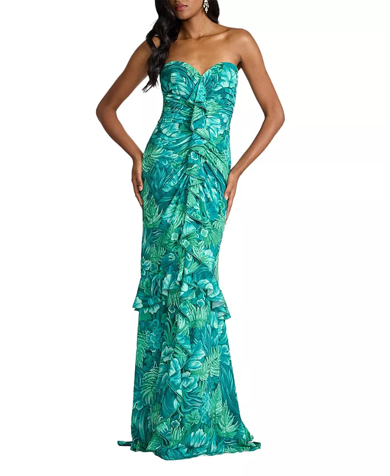 Tadashi Shoji Cleta Foliage Print Cascading Ruffle Gown