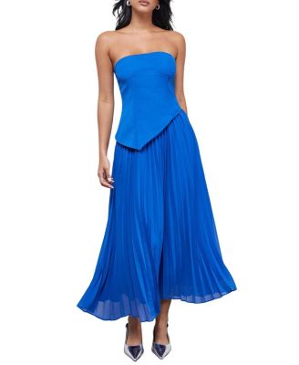 Warehouse Bandeau Bodice Pleated Midi Dress In Cobalt