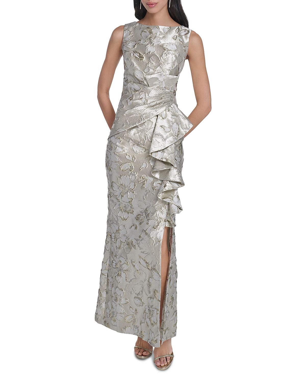 Eliza J Metallic Jacquard Ruffled Gown