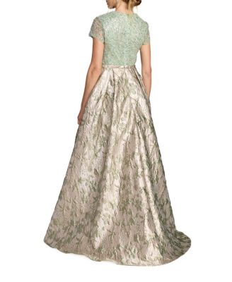 Beaded Cap Sleeve Ball Gown with Metallic Brocade Skirt