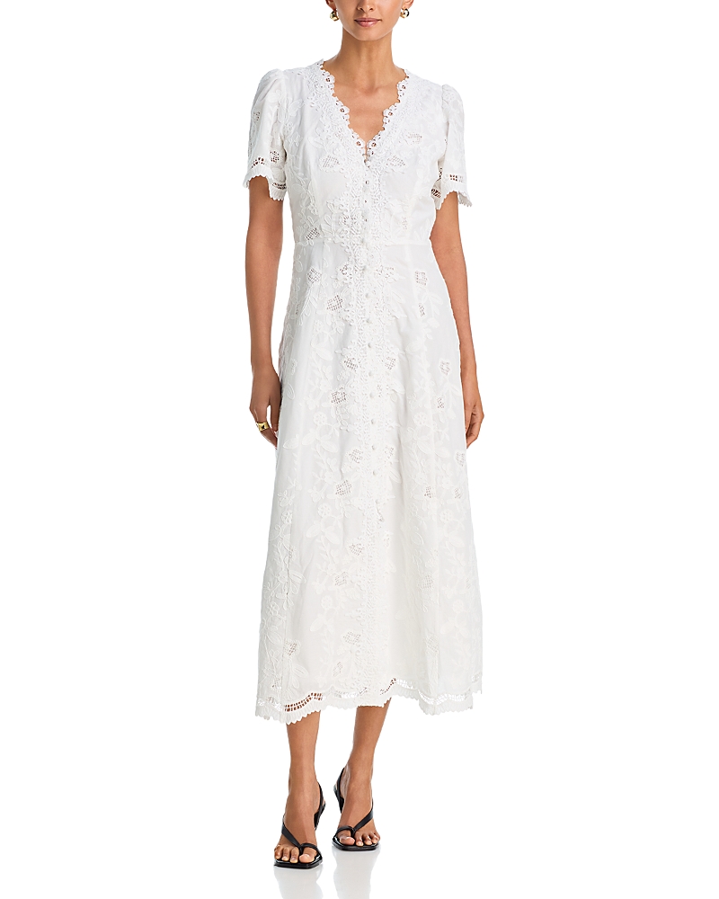 Aqua Embroidered Lace Button Front V Neck Dress - Exclusive