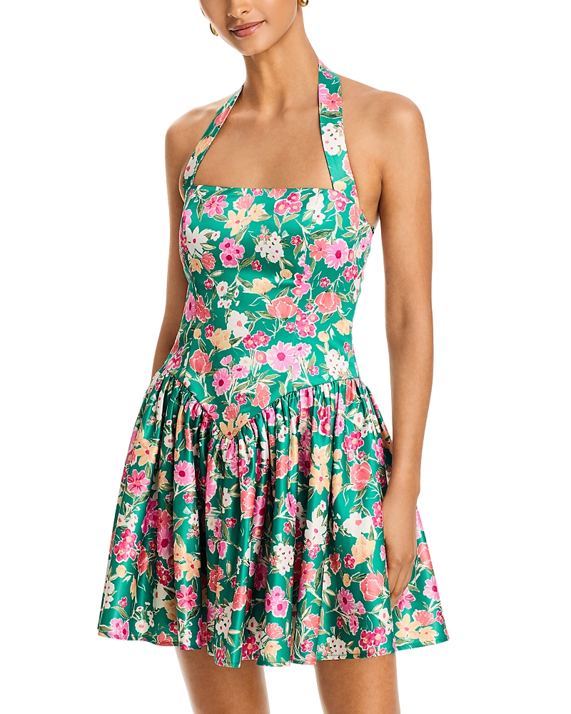 Aqua Floral Halter Drop Waist Mini Dress- Exclusive