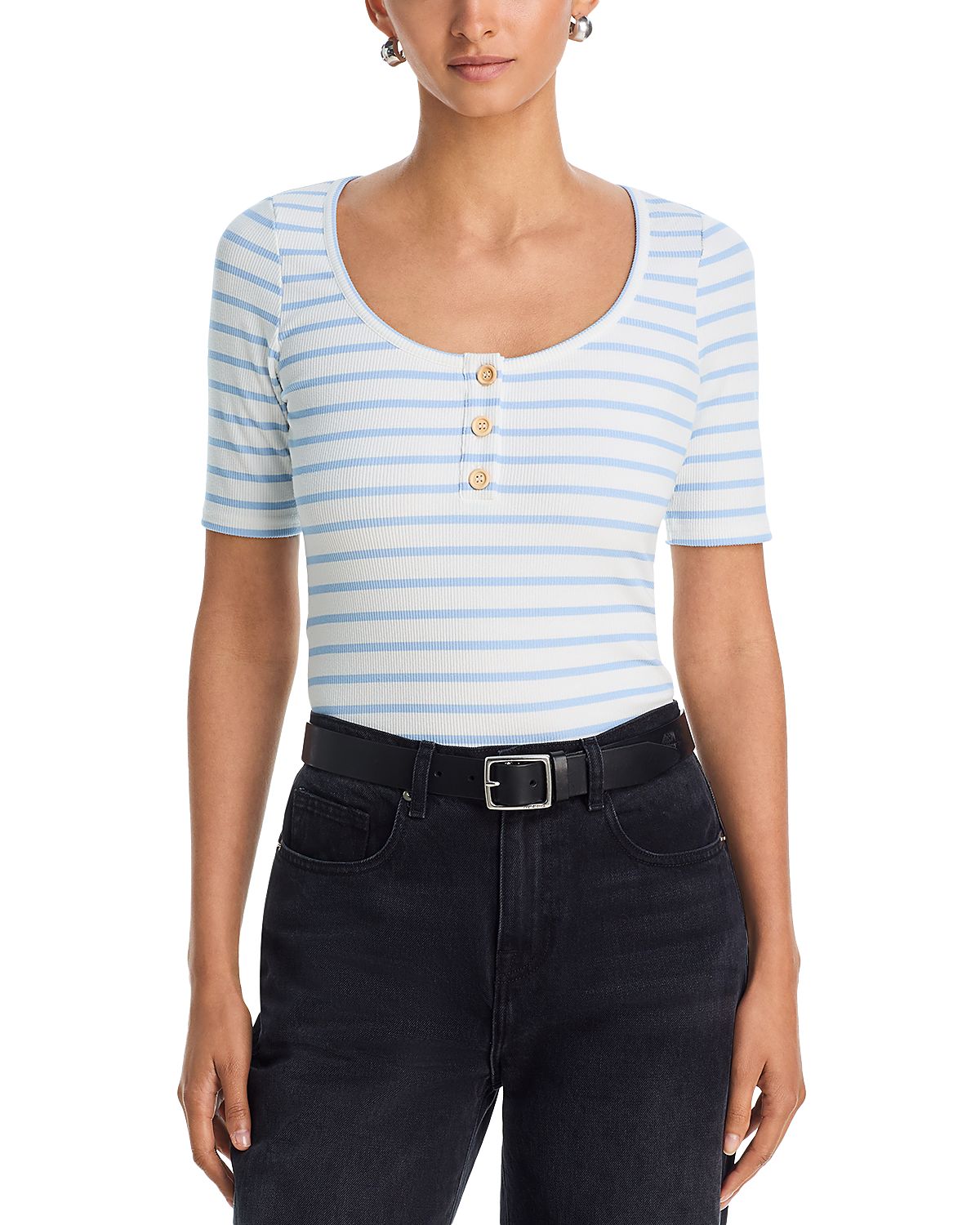 Aqua Striped Rib Button T Shirt - Exclusive