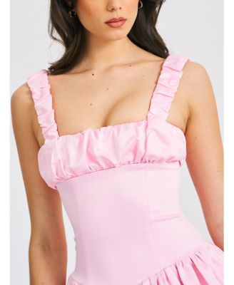  Aubreey Drop Waist Satin Bubble Hem Mini Dress