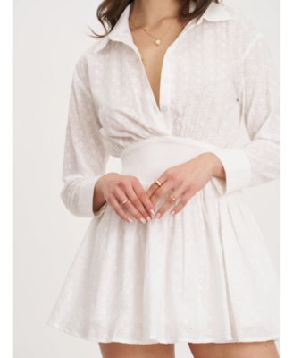  Gabriella Cotton Eyelet Button Up Long Sleeve Shirt Dress
