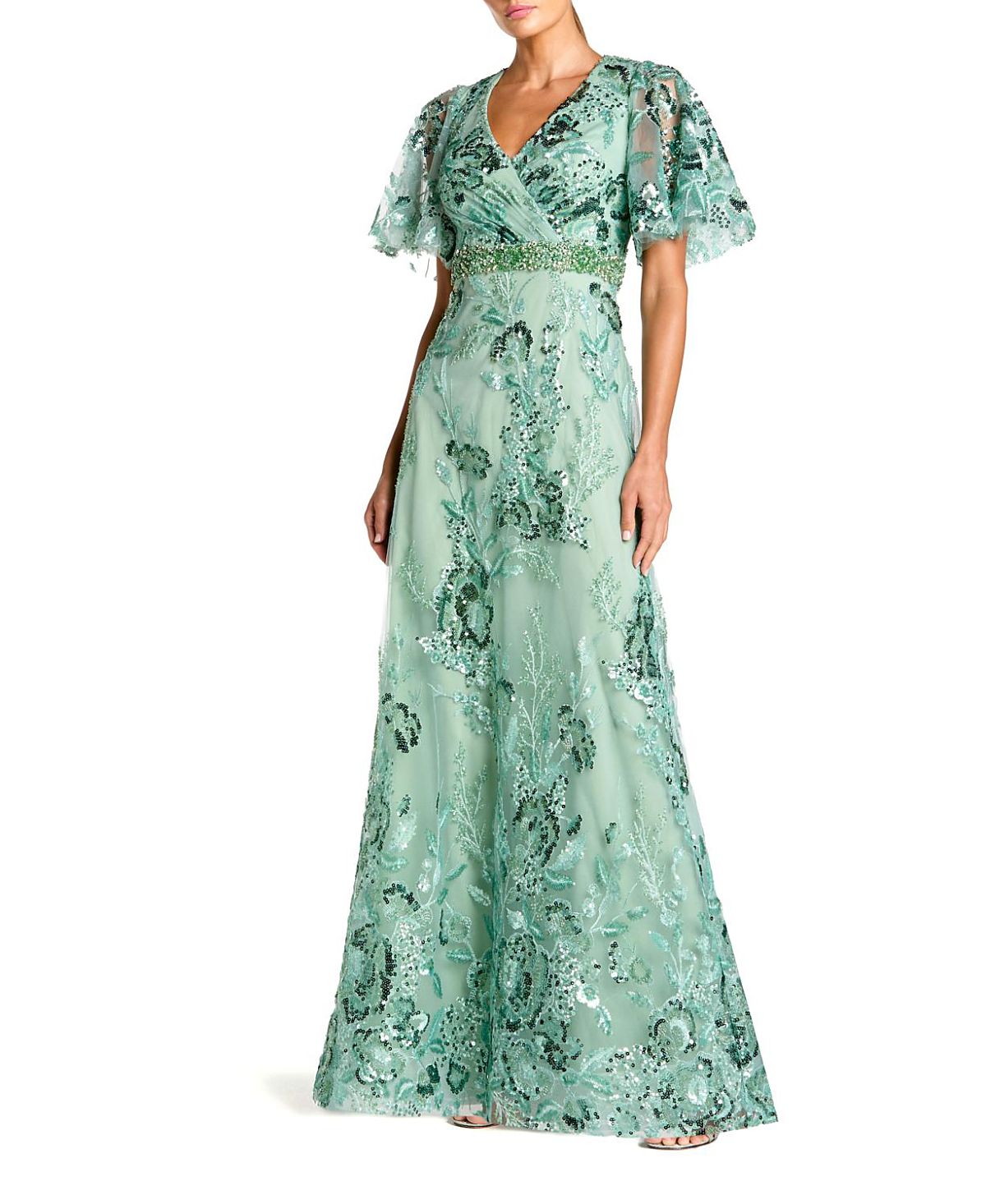 Mac Duggal Floral Embellished Short Sleeve Gown