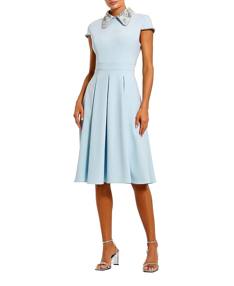 Mac Duggal Crepe Short Sleeve Midi Dress With Beading