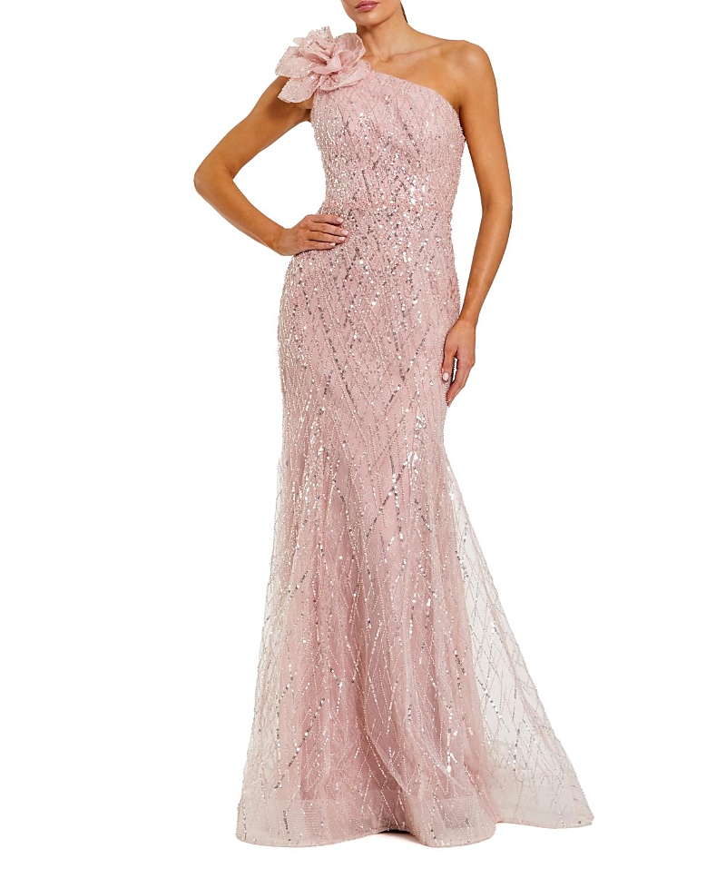 Mac Duggal One Shoulder Sequin Trumpet Gown with Flower