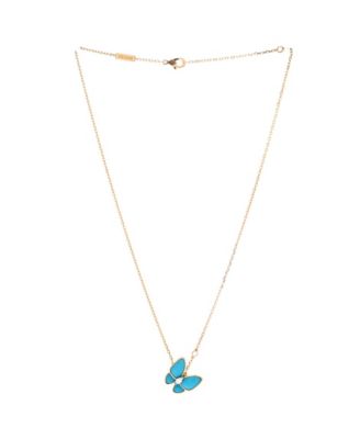  Two Butterfly Pendant Necklace 18K Gold with Turquoise and Diamonds, 16.5"
