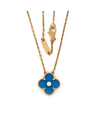  Vintage Alhambra Pendant Necklace 18K Gold and Blue Sevres Porcelain with Diamond, 16.25"