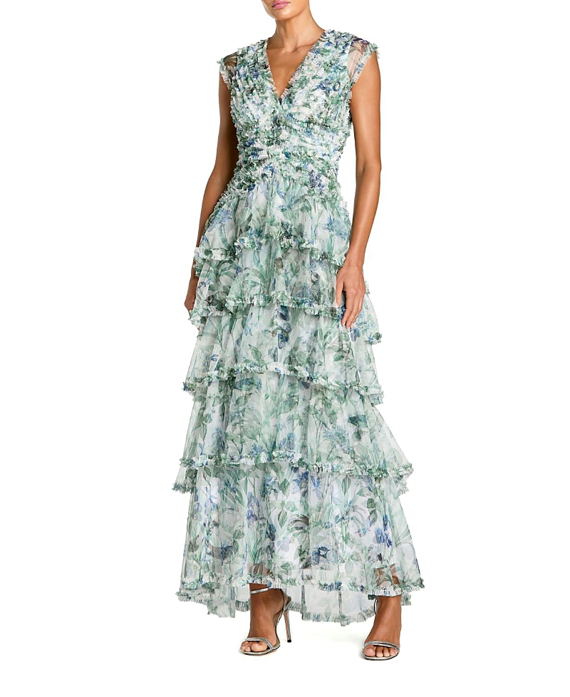 Mac Duggal Floral V Neck Tiered Ruffle Maxi Dress