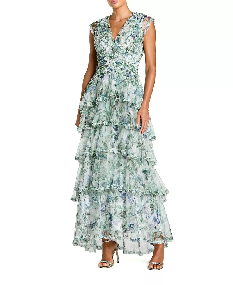 Mac Duggal Floral V Neck Tiered Ruffle Maxi Dress