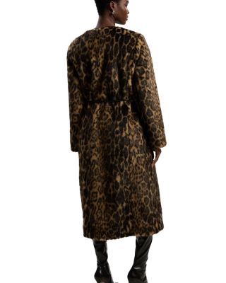 Faux Fur Collarless Tie Belted Midi Coat