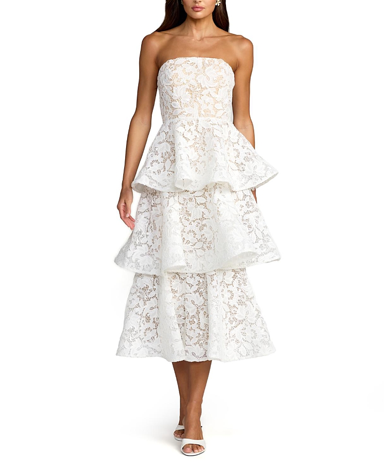 Mac Duggal Strapless Lace Tiered Floral Detail Midi Dress