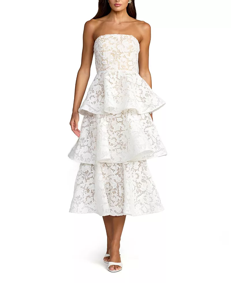Mac Duggal Strapless Lace Tiered Floral Detail Midi Dress