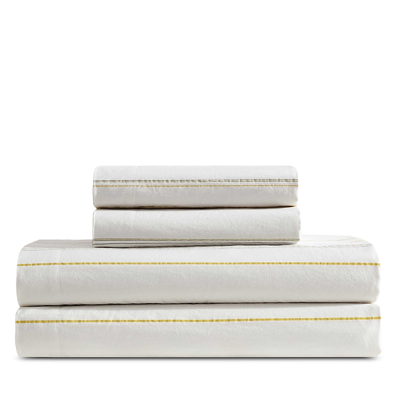 Calvin Klein Pinstripes Washed Cotton Percale 4 Piece Sheet Set, King In Citron