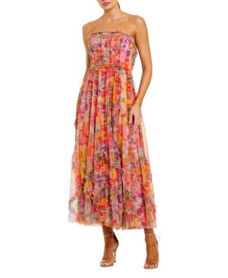 Mesh Micro Ruffle Strapless Gown
