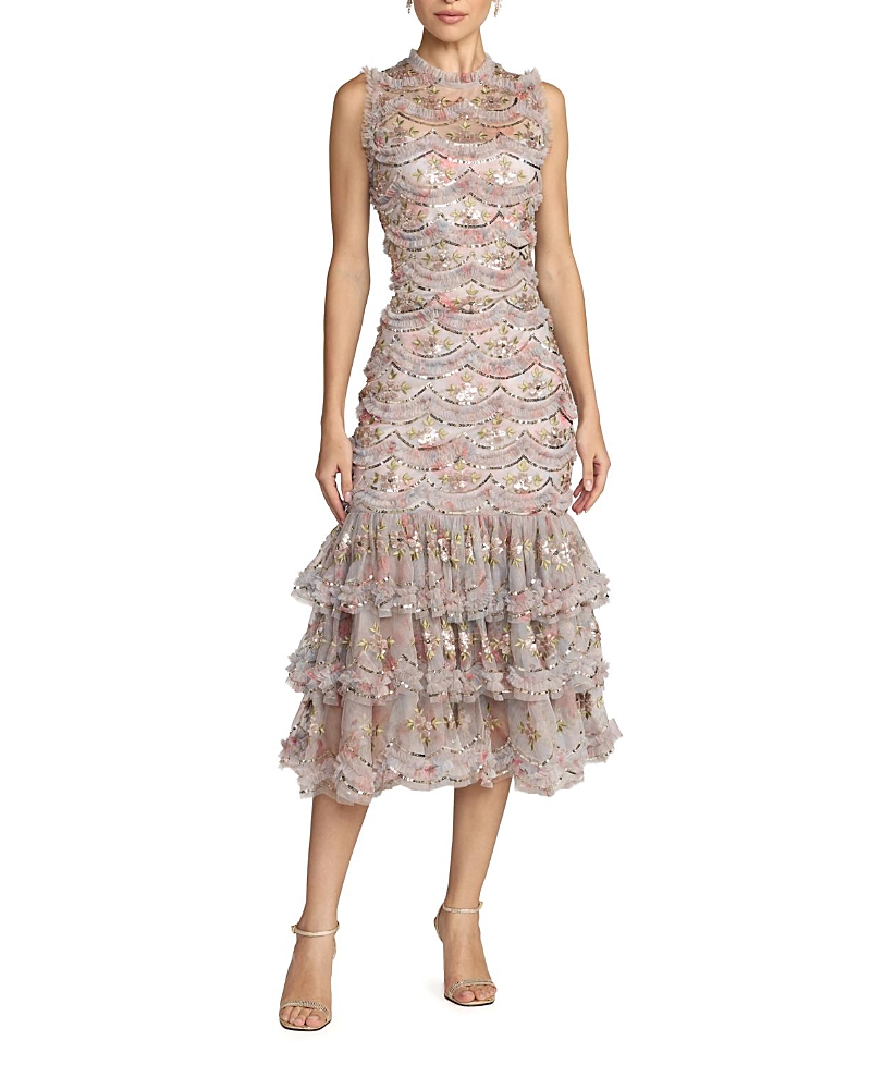 Mac Duggal Multicolor Sleeveless Sequin Tiered Ruffle Midi Dress