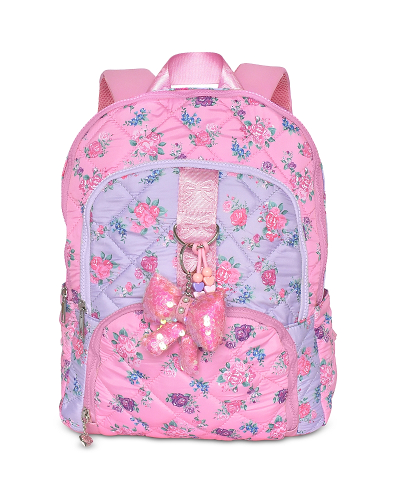 Omg Accessories Girls' Floral Quilted Large Backpack With Bow Charm - Ages 6