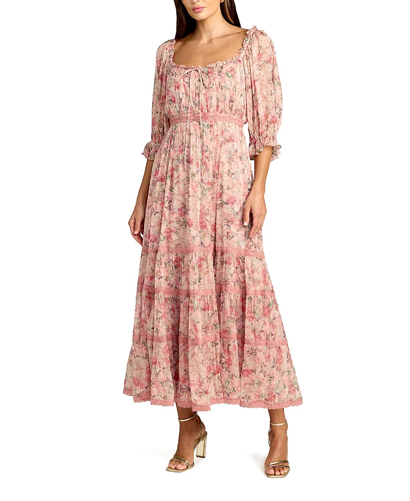 Mac Duggal Floral Printed Scoop Neck Midi Dress with 3/4 Sleeves