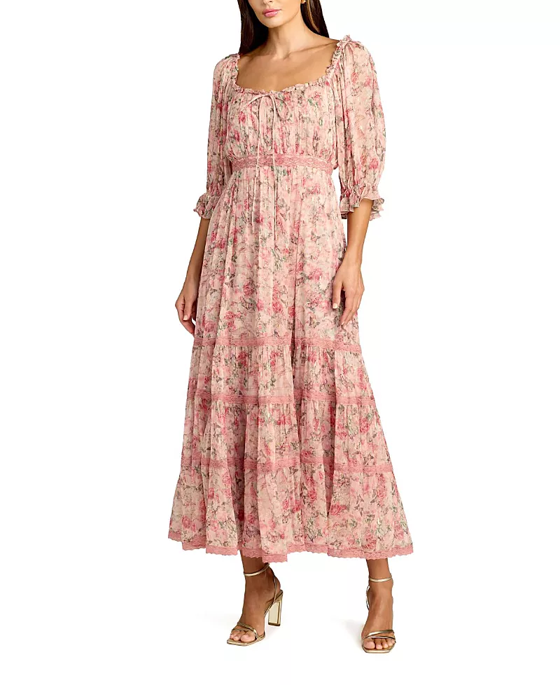 Mac Duggal Floral Printed Scoop Neck Midi Dress with 3/4 Sleeves