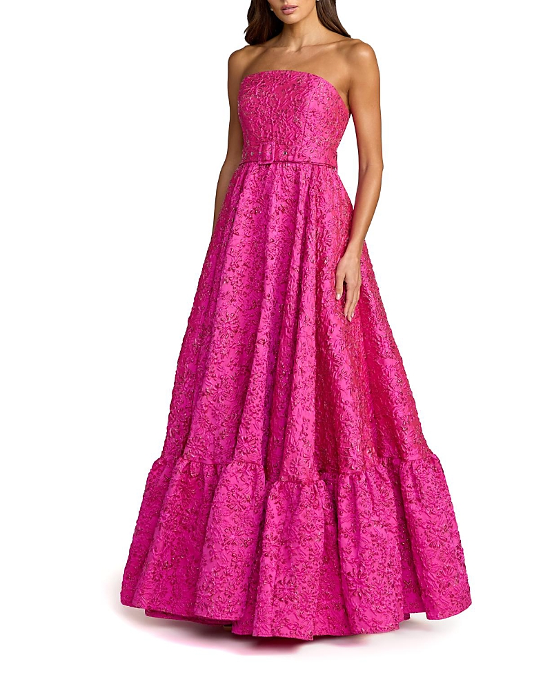 Mac Duggal Strapless Floral Brocade Ruffle Hem Gown with Belt