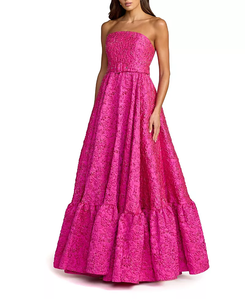 Mac Duggal Strapless Floral Brocade Ruffle Hem Gown with Belt