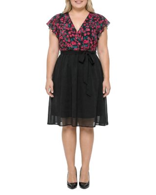 Plus Floral Top Solid Skirt Flutter Sleeve Dress