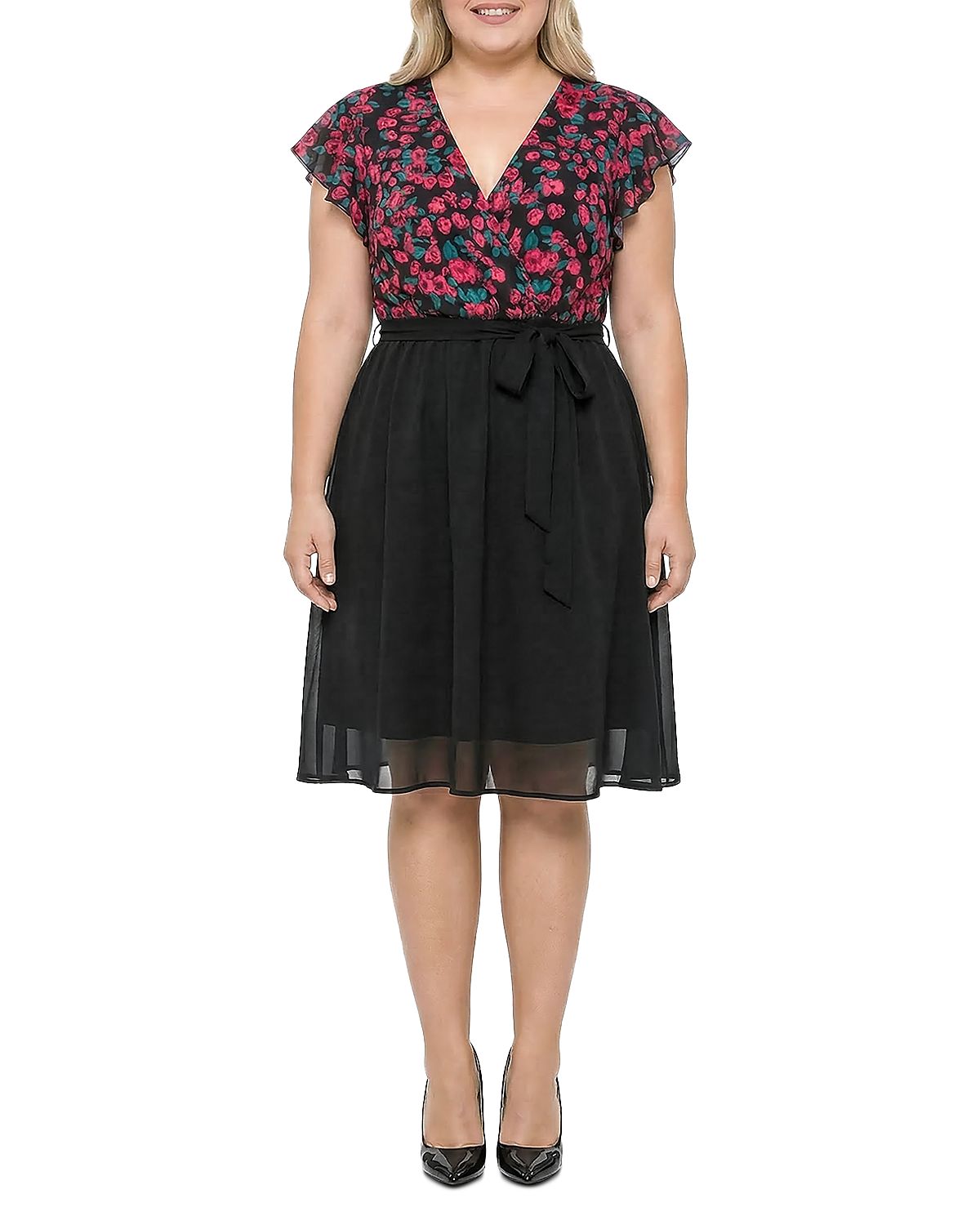 standards & practices Plus Floral Top Solid Skirt Flutter Sleeve Dress