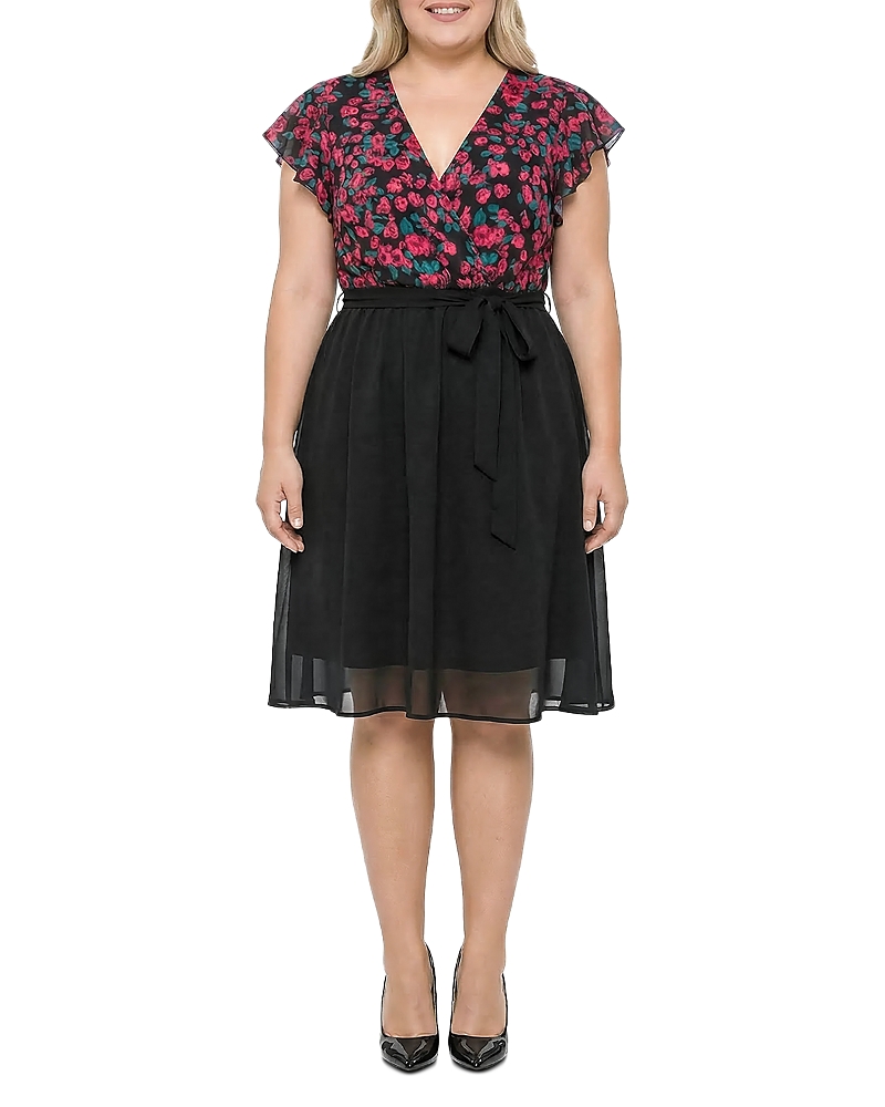 standards & practices Plus Floral Top Solid Skirt Flutter Sleeve Dress