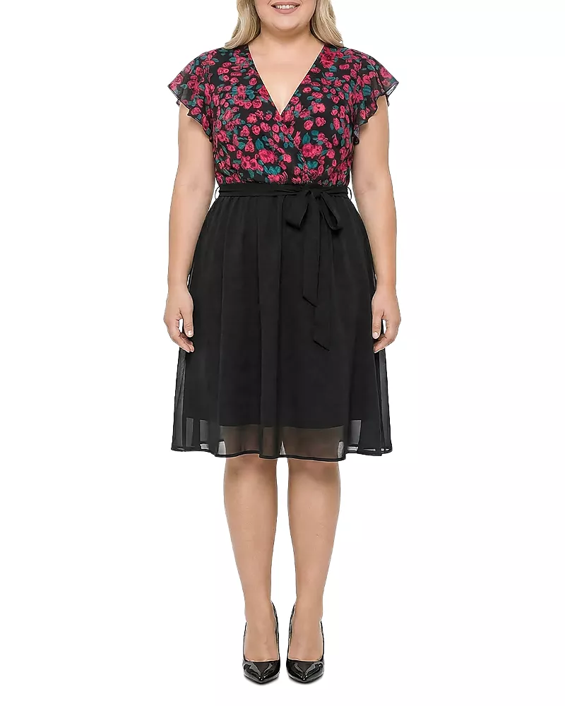 standards & practices Plus Floral Top Solid Skirt Flutter Sleeve Dress