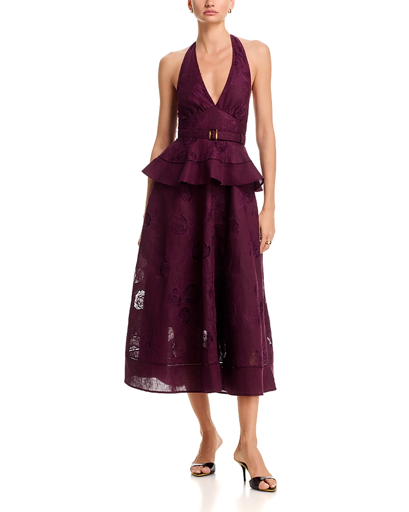 Self-Portrait Plum Linen Blend Peplum Midi Dress