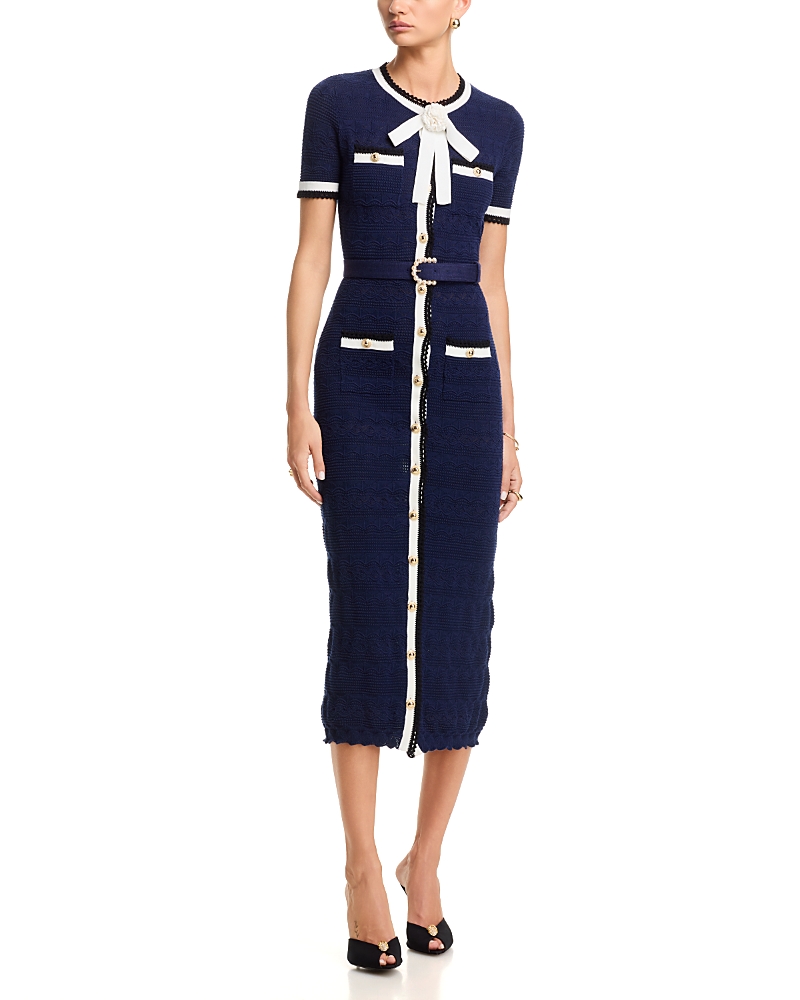 Self-Portrait Navy Pointelle Knit Midi Dress