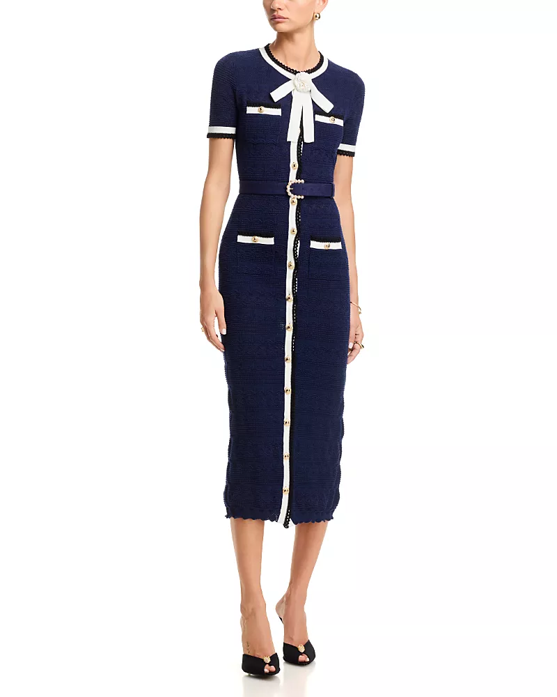 Self-Portrait Navy Pointelle Knit Midi Dress
