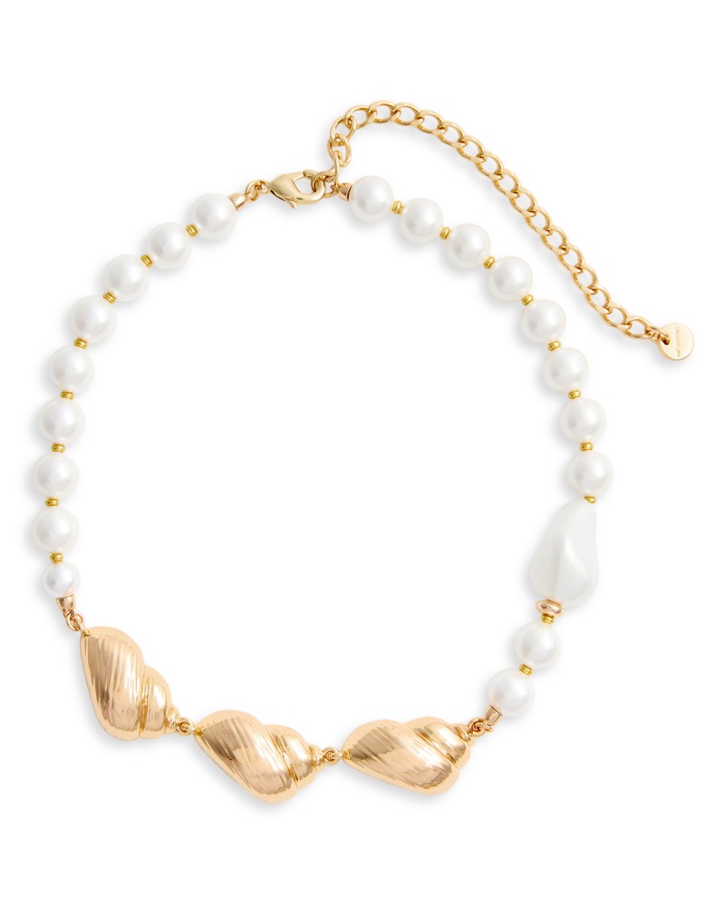 Self-Portrait Shell & Imitation Pearl Necklace, 15.7 in Gold