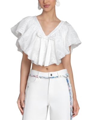 Embroidered Ruffle V Neck Crop Top