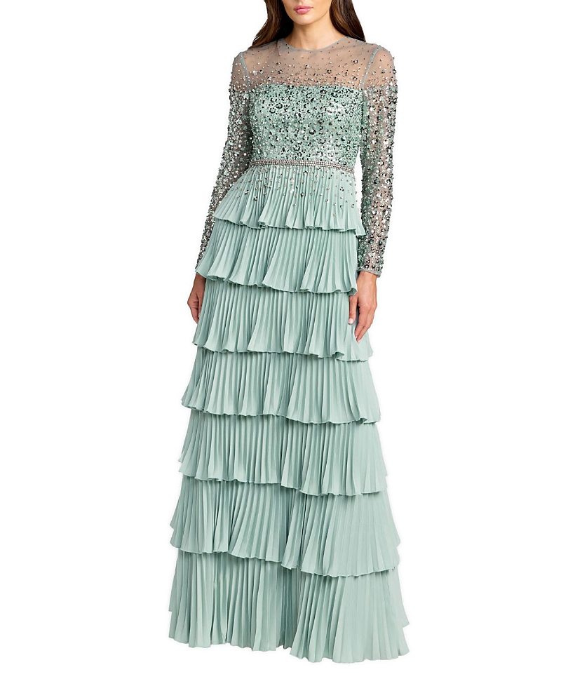 Mac Duggal Crepe Ruffled Long Sleeve Evening Gown with Beaded Mesh Top