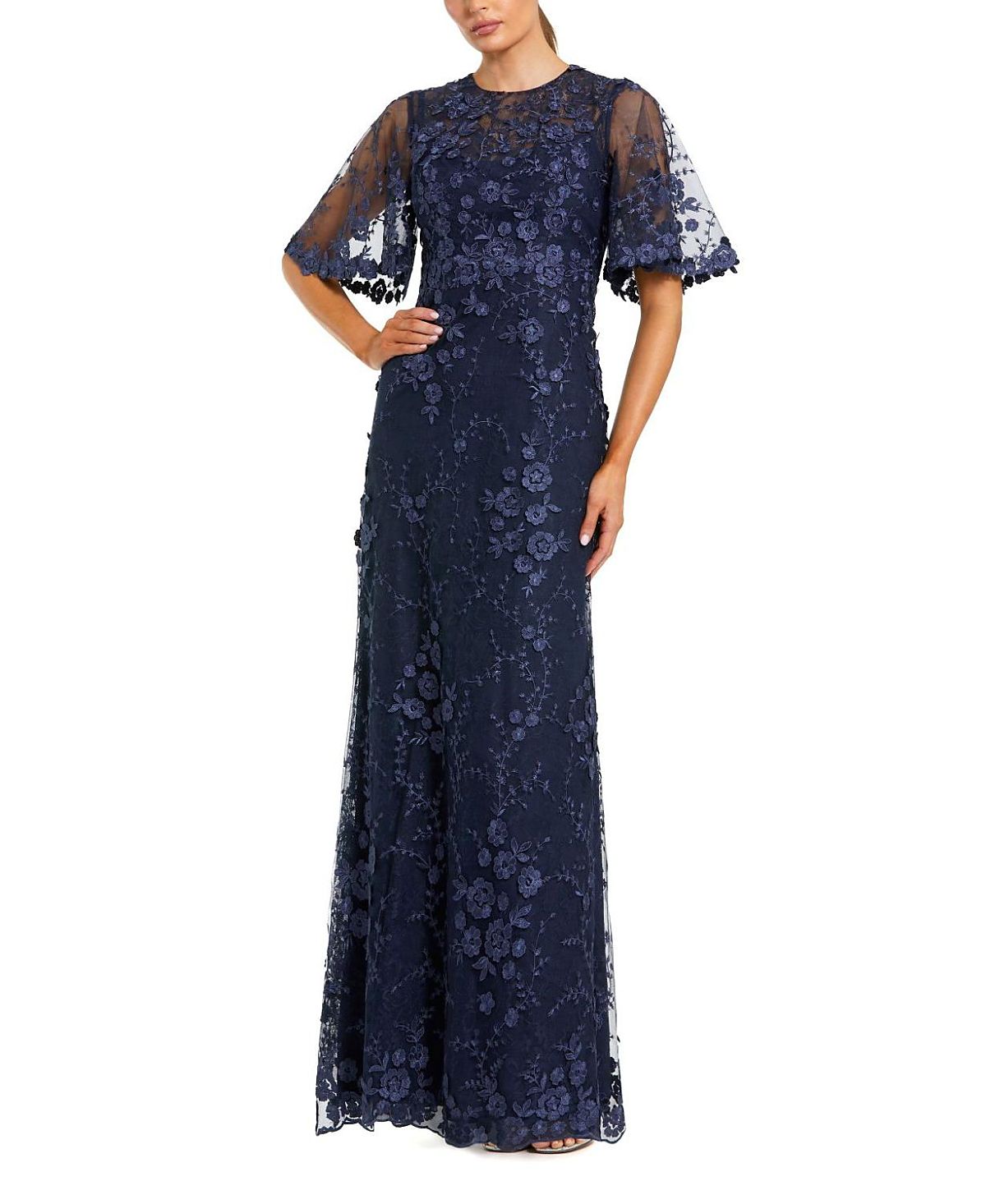 Mac Duggal Petite Flutter Sleeve Floral Embroidered Net Gown
