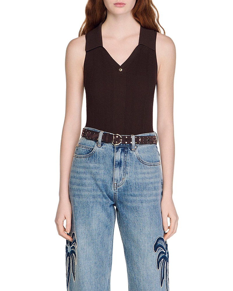Sandro Ribbed Knit Polo Bodysuit