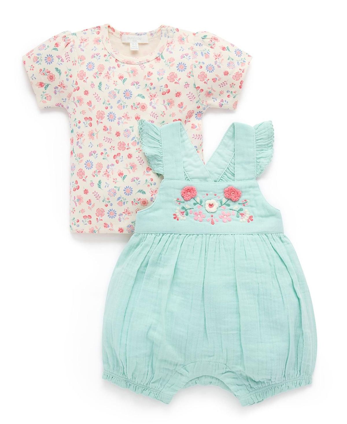 Purebaby Girls' Embroidered Overall Set - Baby