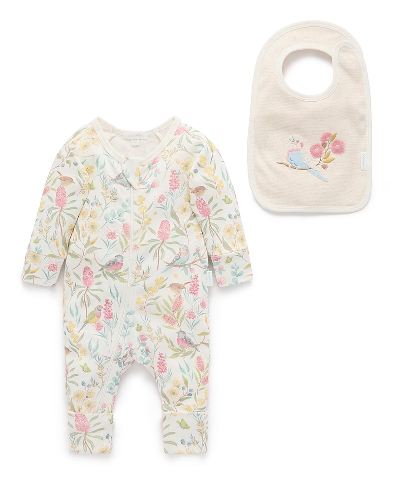 Purebaby Girls' Australiana Floral Zip Romper & Bib Set - Baby