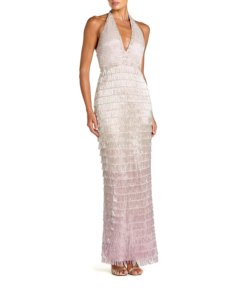Mac Duggal Halter Neck Mesh Embellished Fringe Column Gown
