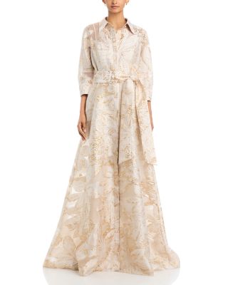 Metallic Burnout Jacquard Shirt Waist Gown