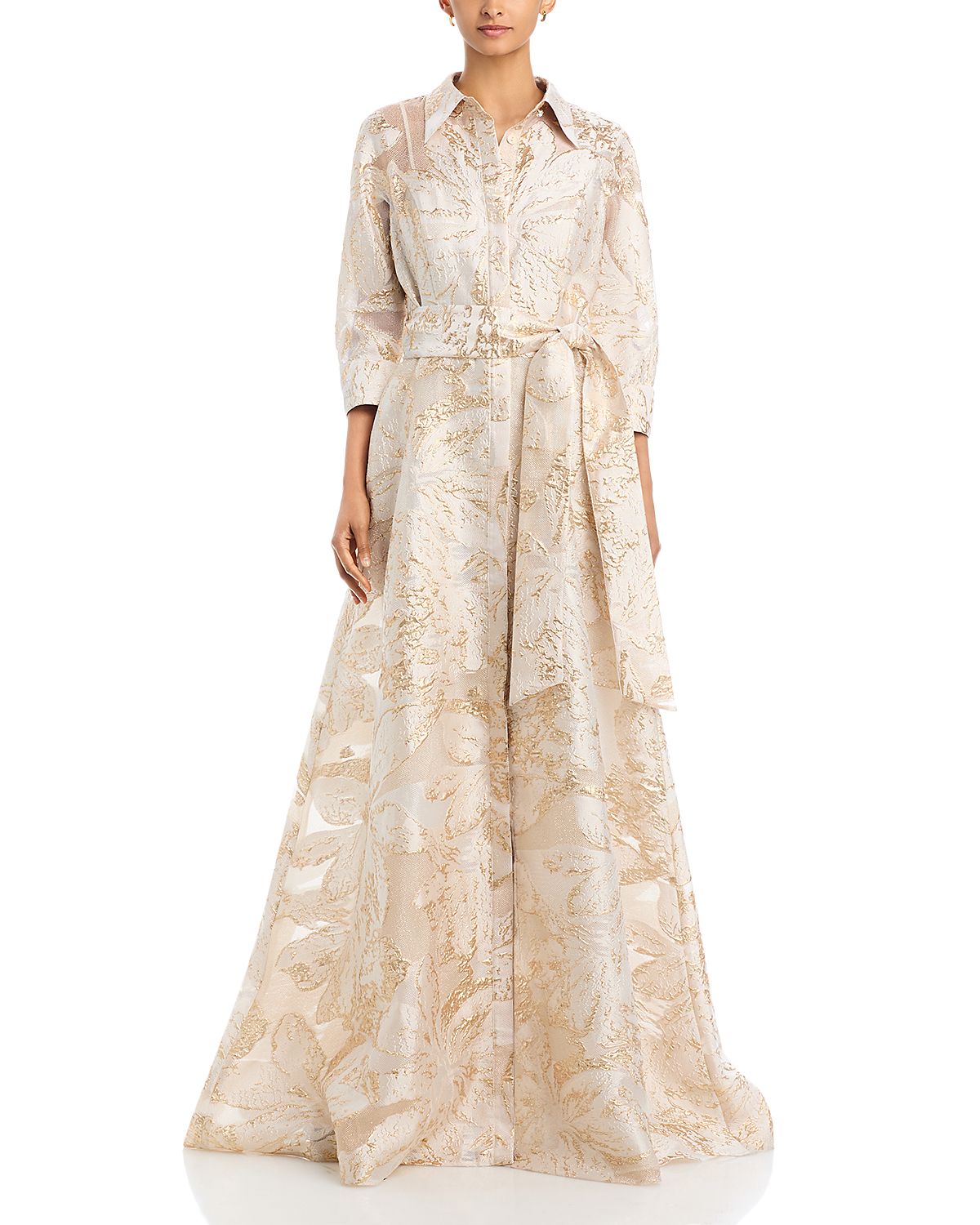 Teri Jon by Rickie Freeman Metallic Burnout Jacquard Shirt Waist Gown