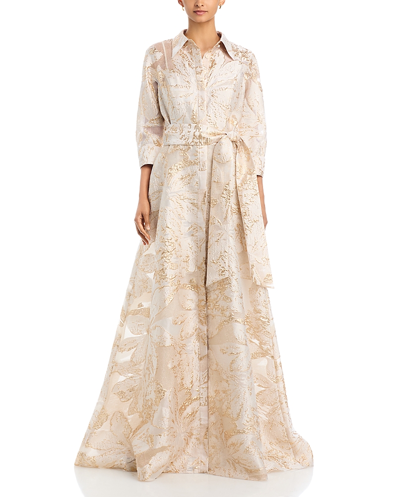 Teri Jon by Rickie Freeman Metallic Burnout Jacquard Shirt Waist Gown