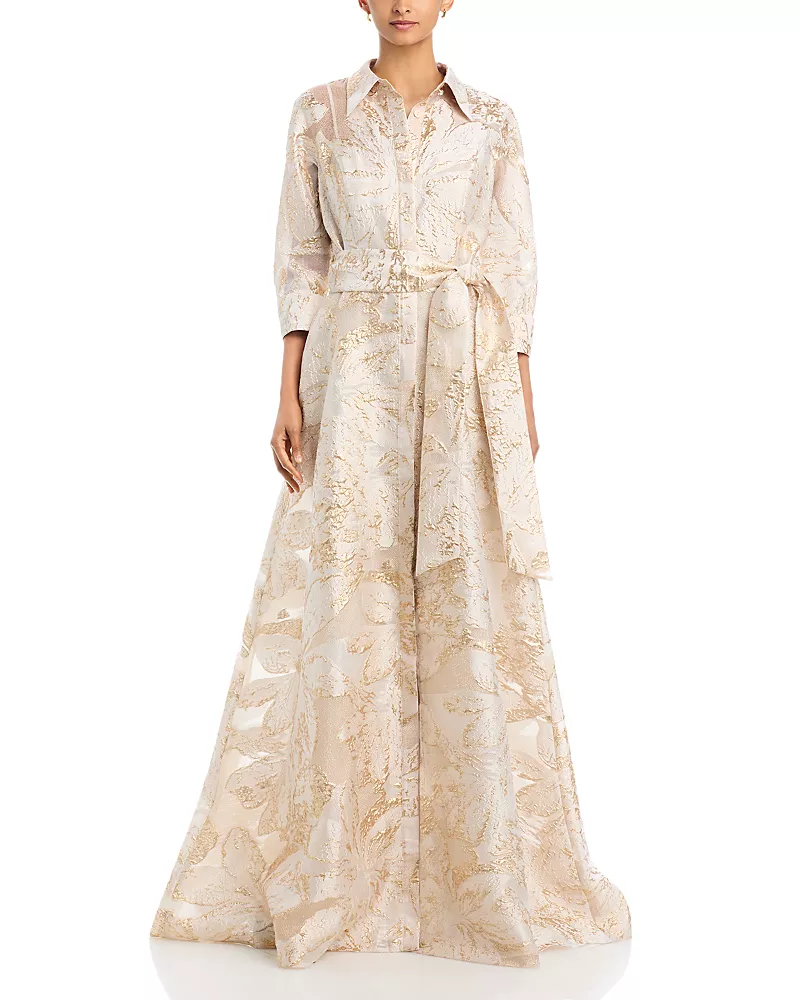 Teri Jon by Rickie Freeman Metallic Burnout Jacquard Shirt Waist Gown