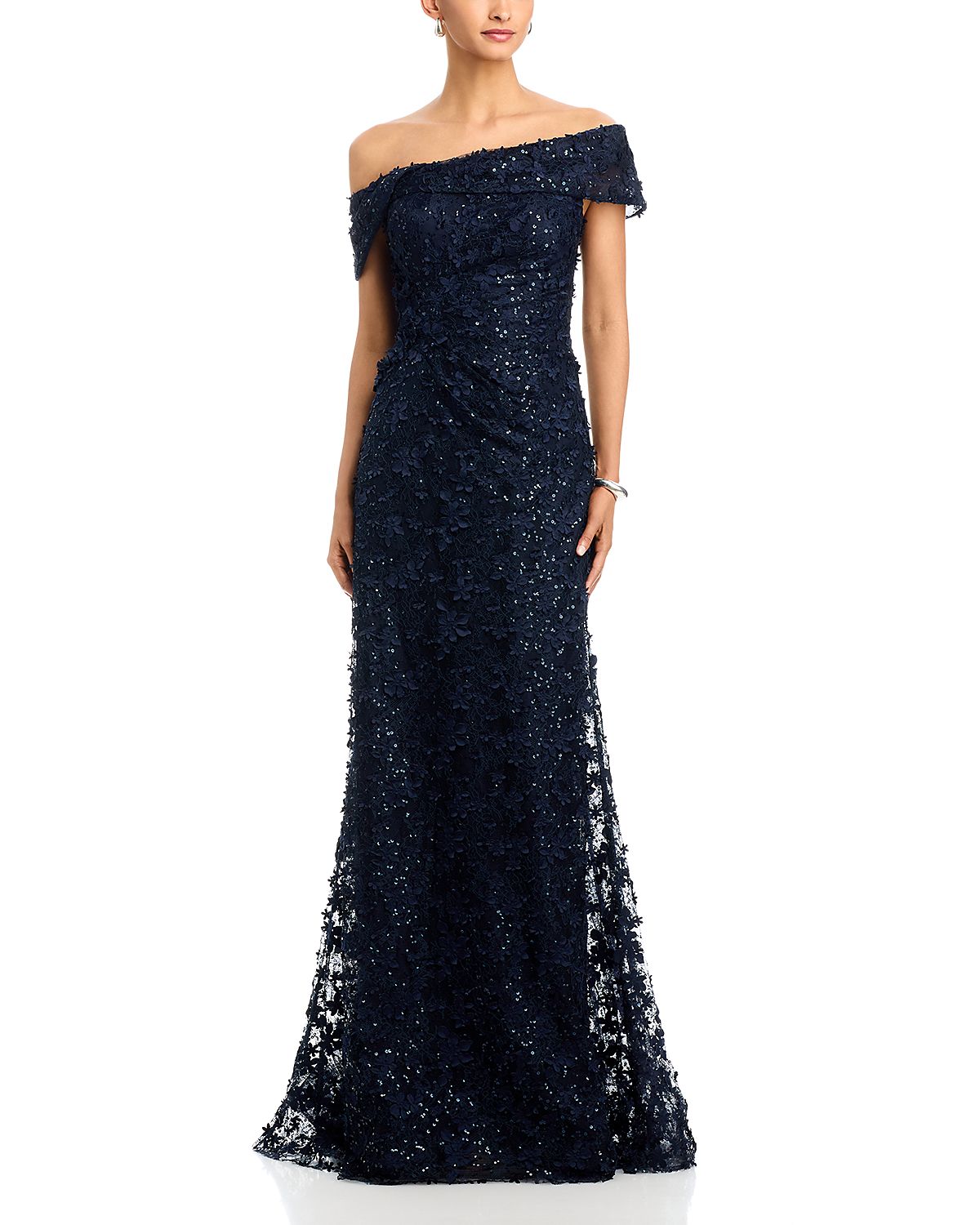 Teri Jon by Rickie Freeman 3D Lace Off-the-Shoulder Gown