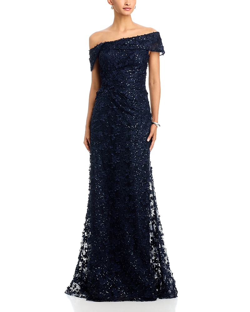 Teri Jon by Rickie Freeman 3D Lace Off-the-Shoulder Gown